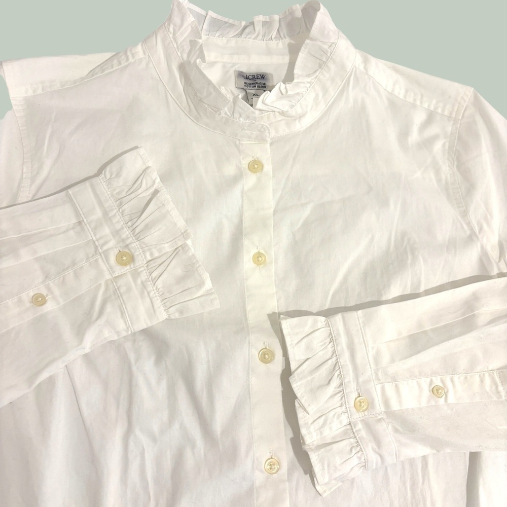 New J.Crew Button Down Shirt Women XL White Ruffle Collar Cuffs Victorian Style